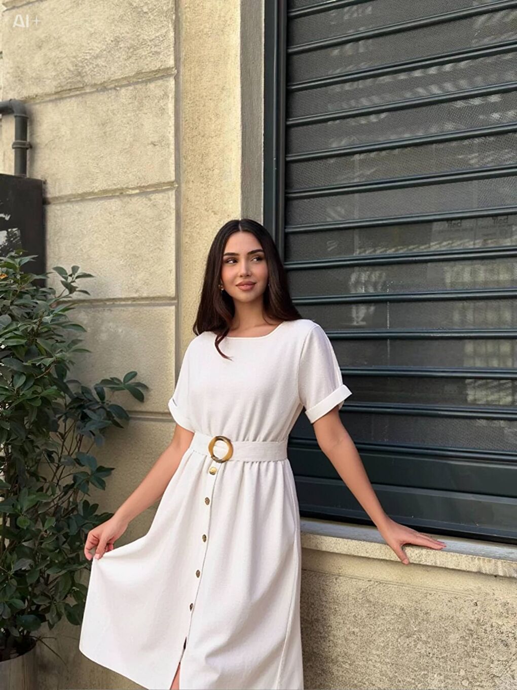 Ekru Kadın Krem Kemerli Düğmeli Yazlık Keten Görünümlü  Viskon Elbise HZL23S-BD123891-2