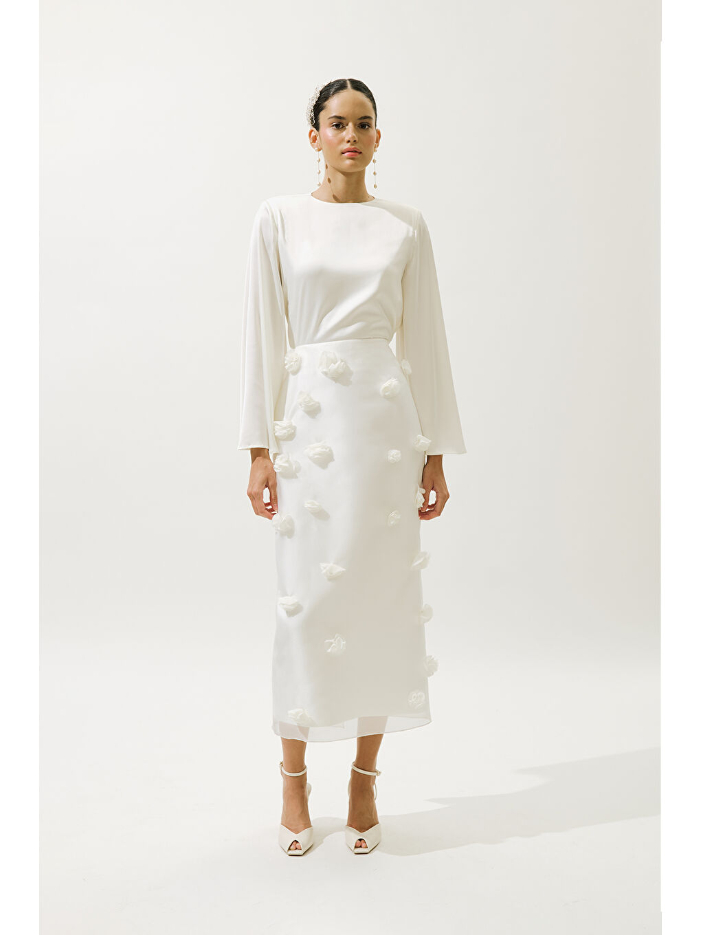 Saten Geniş Kol Bluz Ekru-4