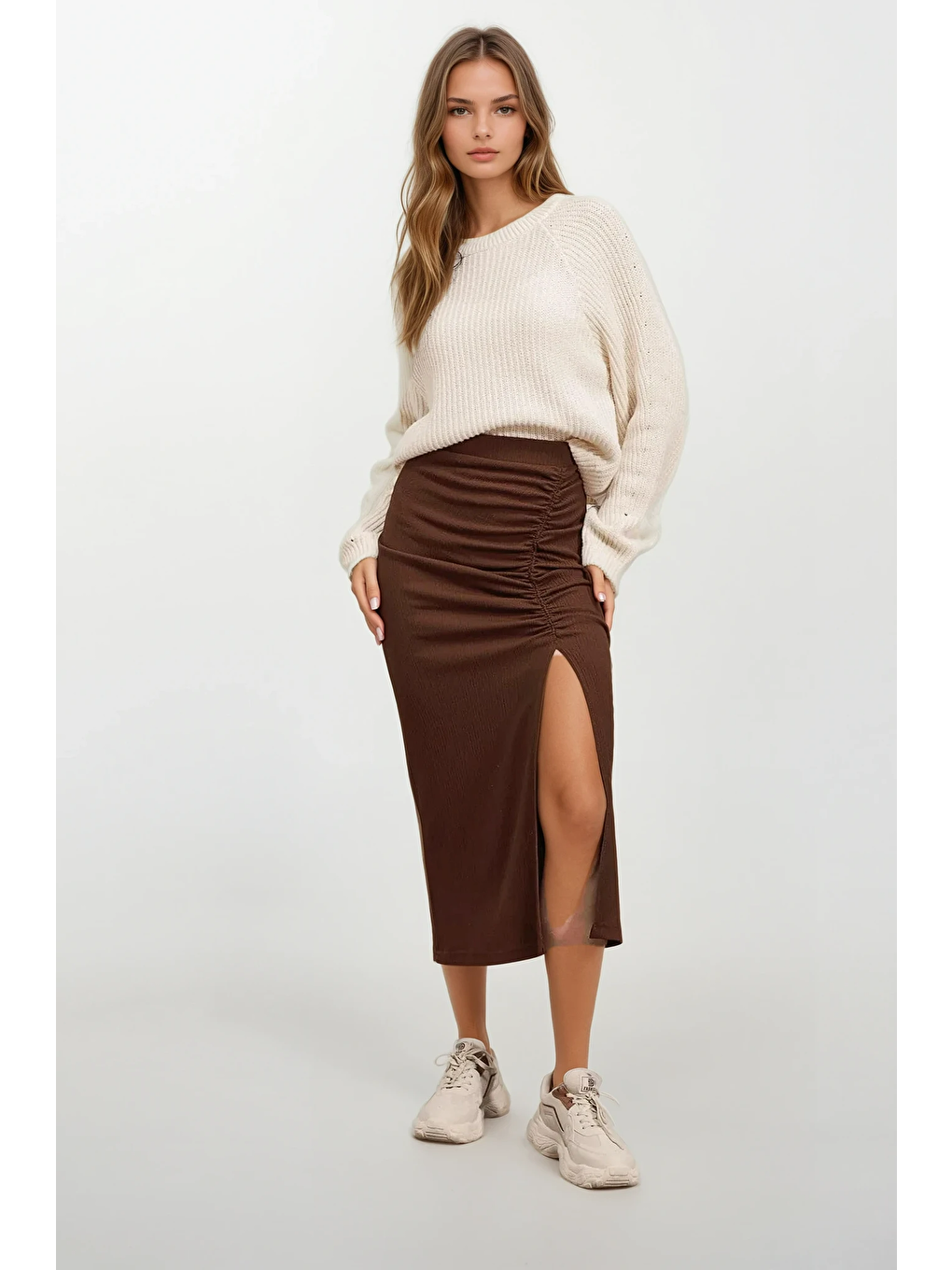 Kadın Kahverengi Yırtmaçlı Uzun Etek HZL22S-BD118801-1