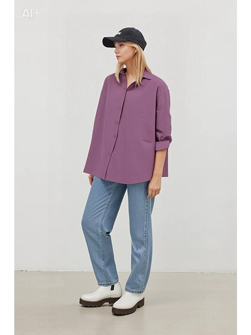 Kadın Koyu Lila Oversize Uzun Basic Gömlek HZL22W-BD139001-1