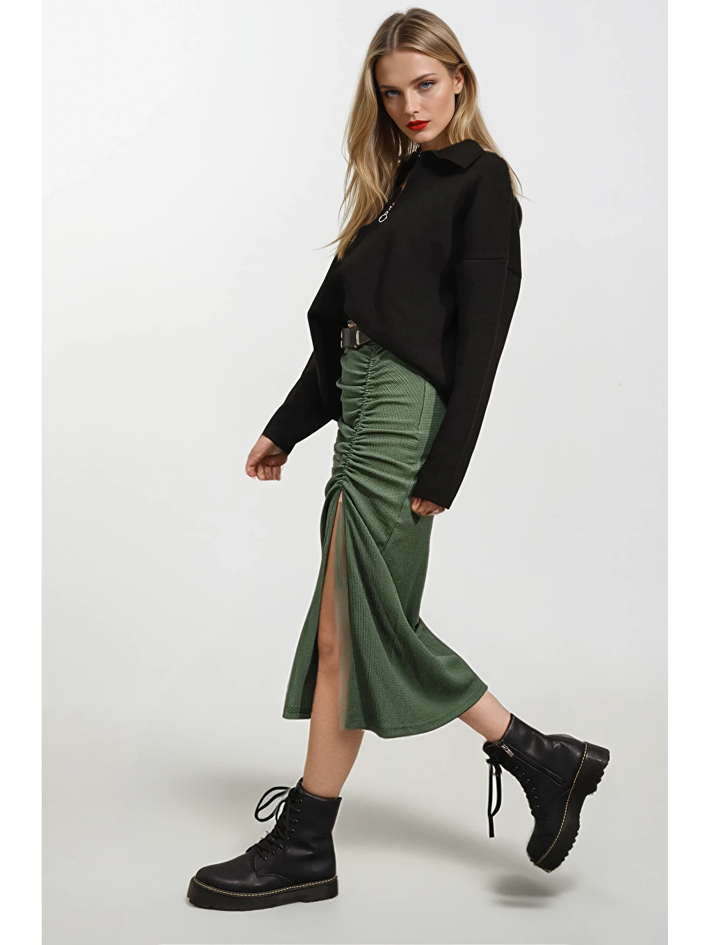 Kadın Zümrüt Yeşili Yırtmaçlı Uzun Etek HZL22S-BD118801-2