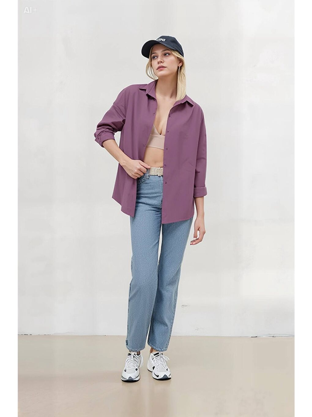 Kadın Koyu Lila Oversize Uzun Basic Gömlek HZL22W-BD139001-2