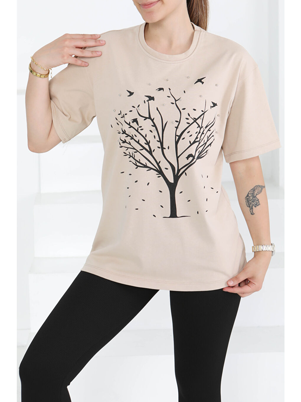 Baskılı Taşlı T-Şhirt Bej - 27375-1