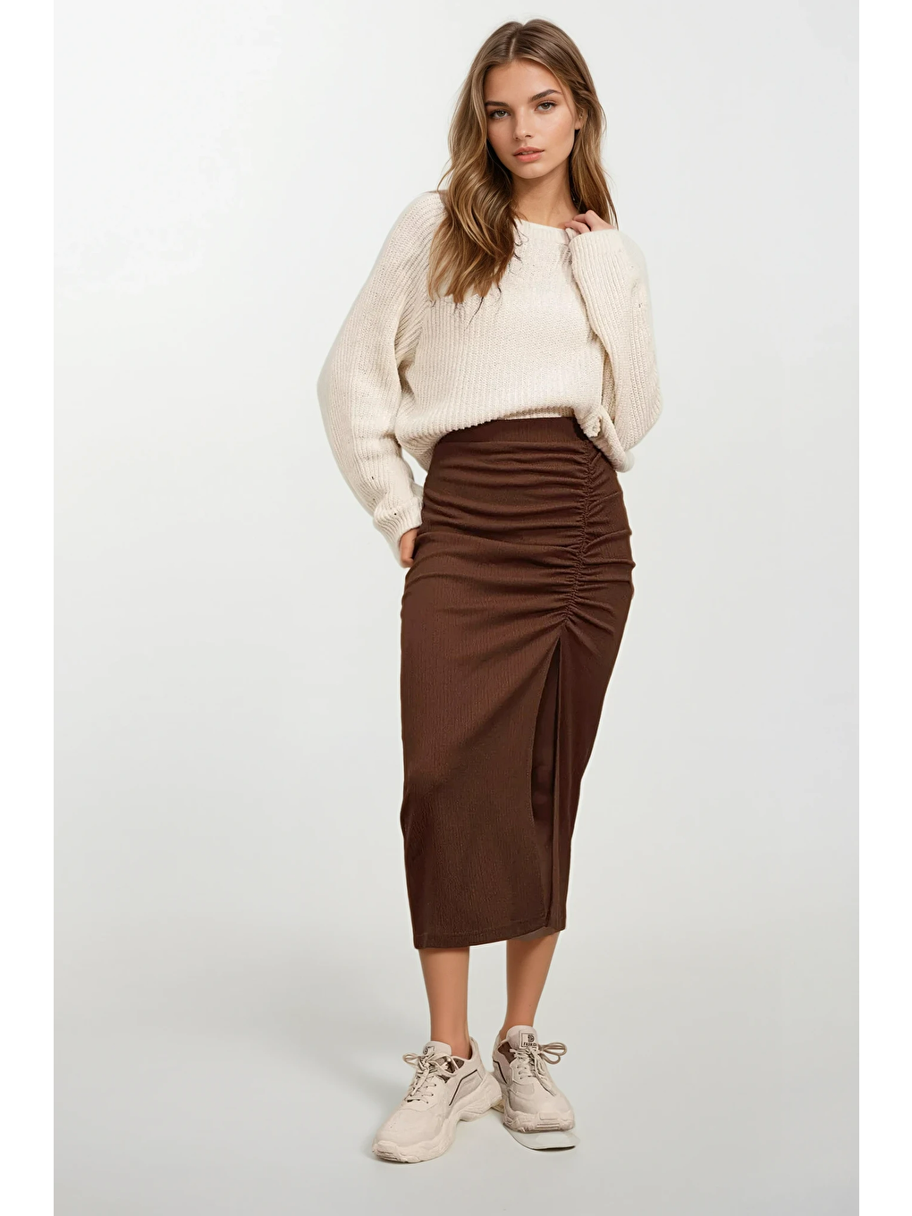 Kadın Kahverengi Yırtmaçlı Uzun Etek HZL22S-BD118801-2