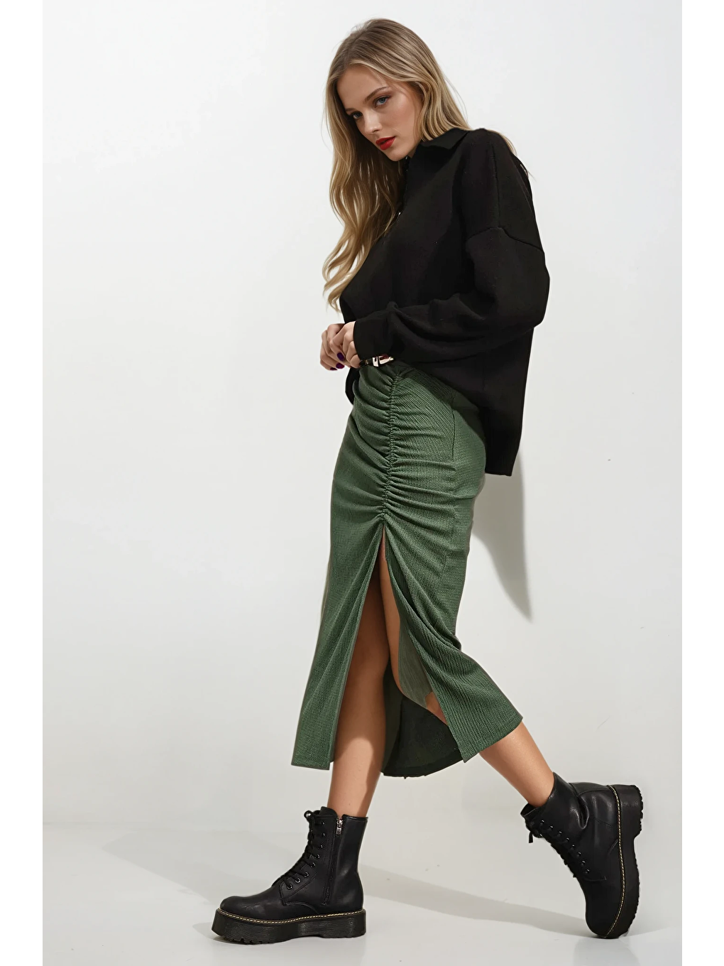 Kadın Zümrüt Yeşili Yırtmaçlı Uzun Etek HZL22S-BD118801-3