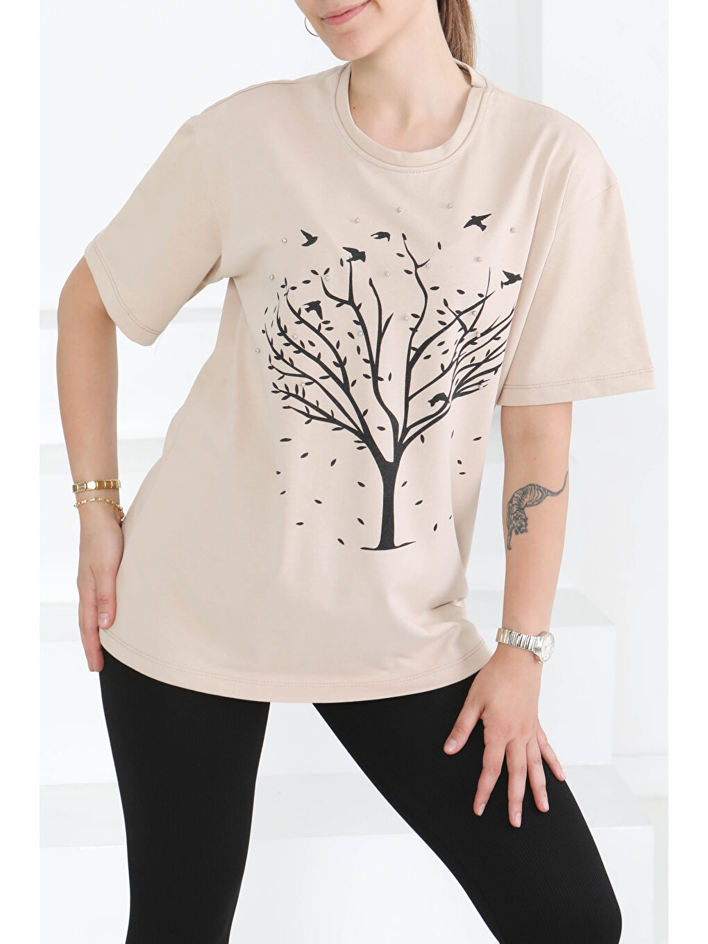 Baskılı Taşlı T-Şhirt Bej - 27375-2