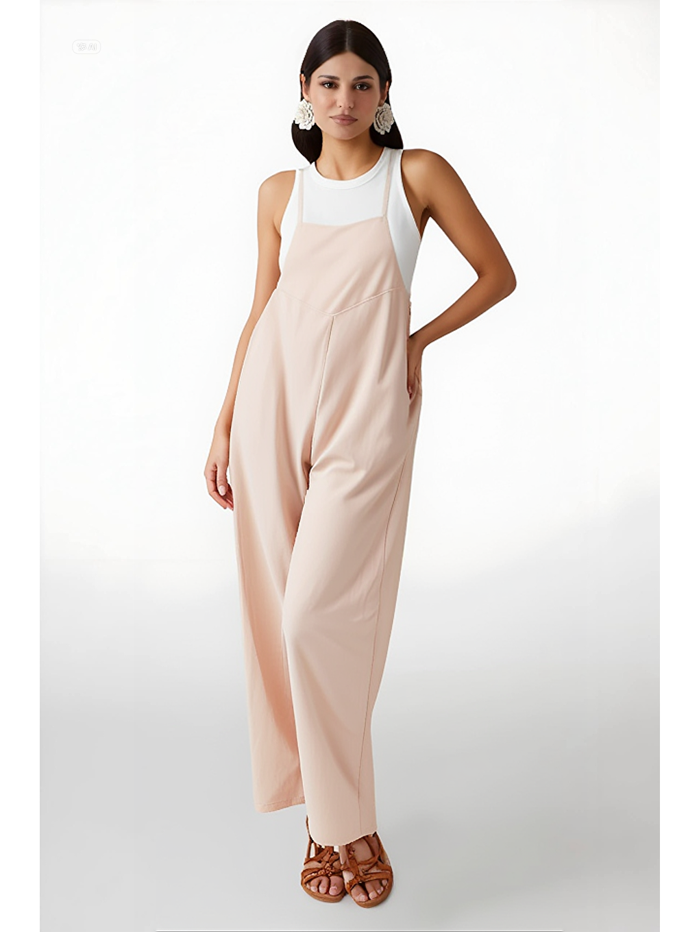 Ekru Kadın Krem Ayarlanabilir Askılı Cepli Bol Paça Bahçıvan Tulum HZL22S-BD170191-1