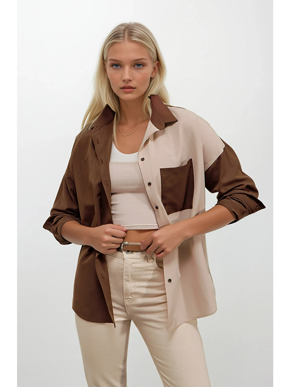 Kadın Kahverengi Krem Renk Bloklu Poplin Basic Gömlek HZL22S-BD1201161
