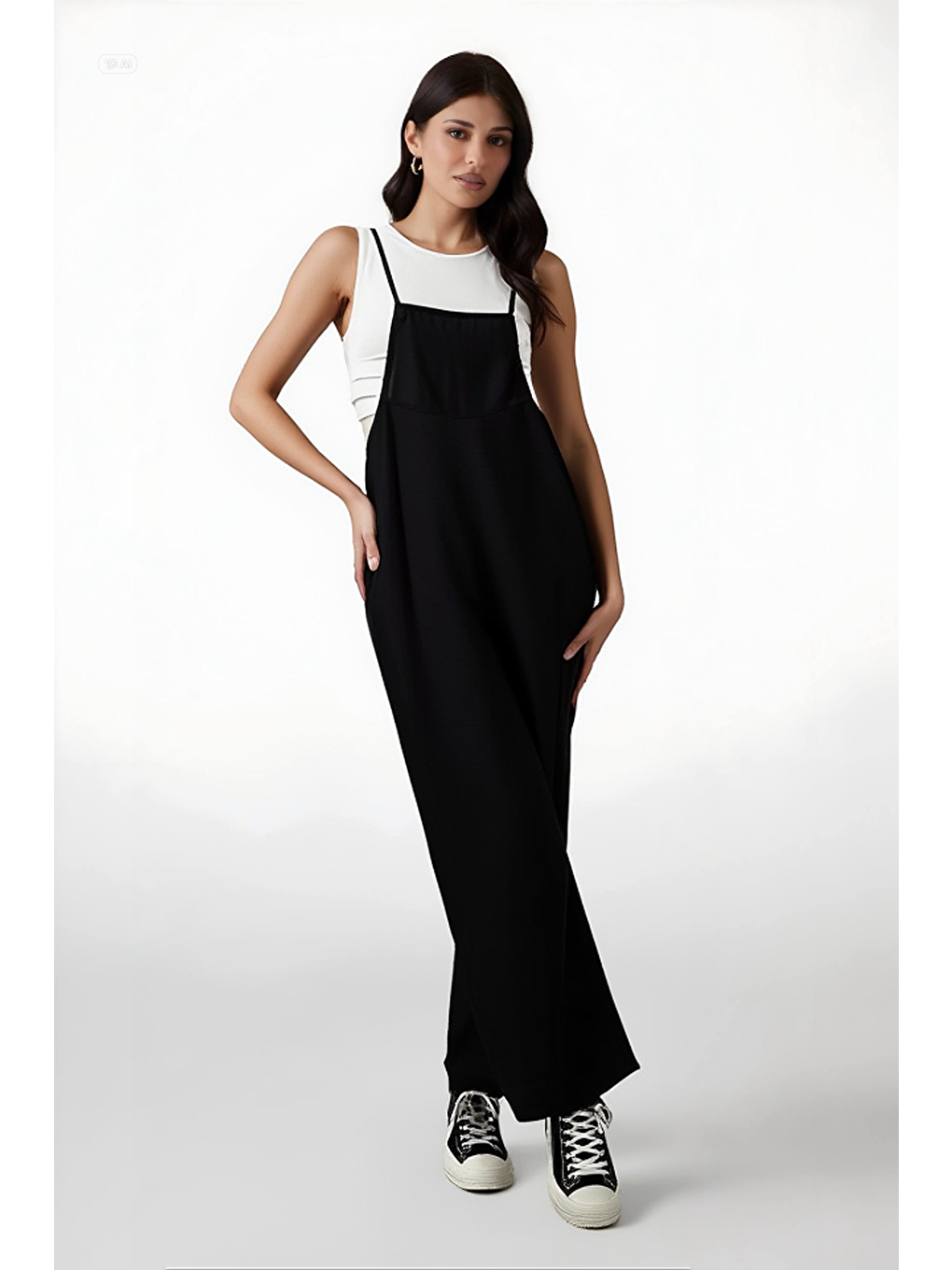 Kadın Siyah Ayarlanabilir Askılı Cepli Bol Paça Bahçıvan Tulum HZL22S-BD170191