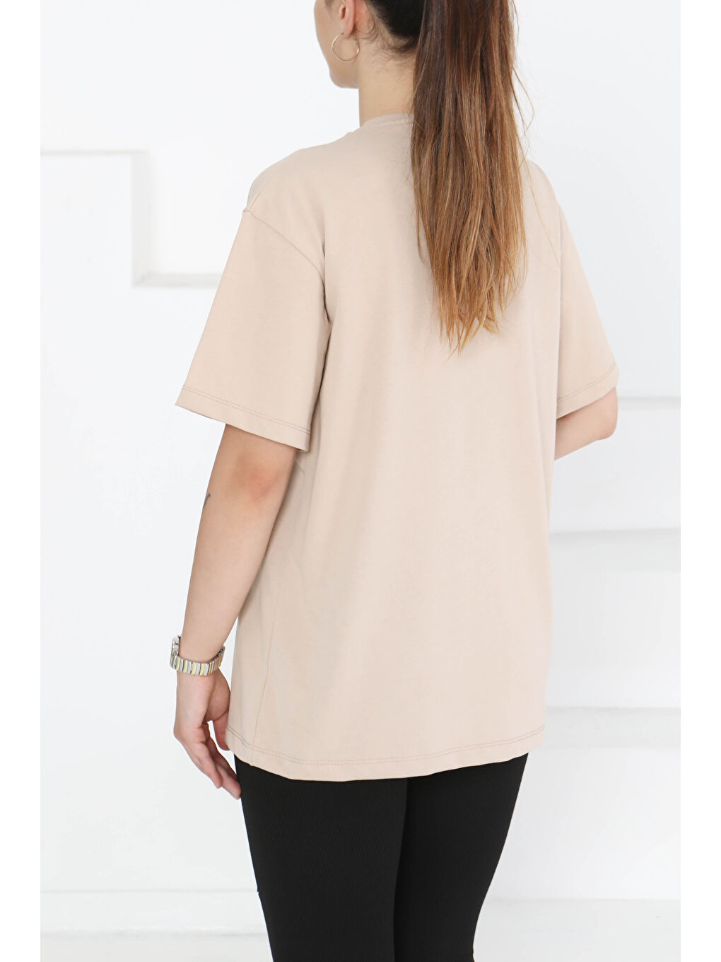 Baskılı Taşlı T-Şhirt Bej - 27375-4