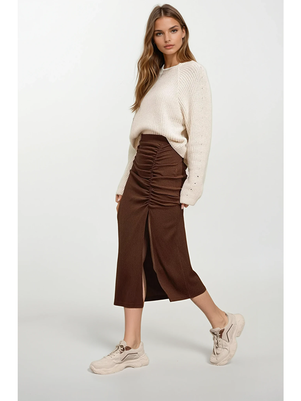 Kadın Kahverengi Yırtmaçlı Uzun Etek HZL22S-BD118801-4