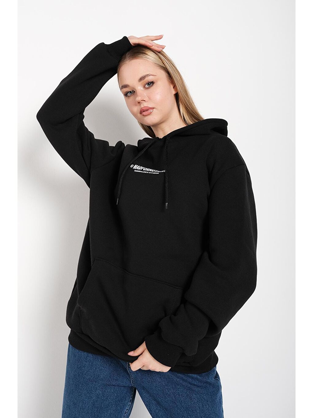 Trendseninle Siyah Kadın SİYAH Mad For Nothing Baskılı Oversize Kapüşonlu Sweatshirt - 2