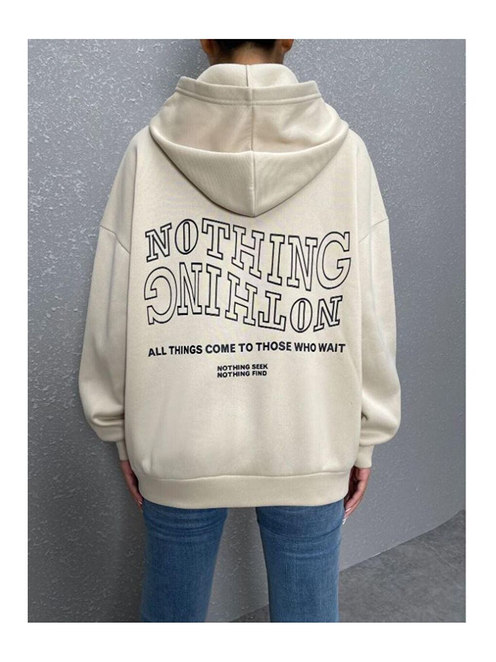 Trendseninle Bej Kadın BEJ Ters Düz Nothing Baskılı Oversize Sweatshirt - 2