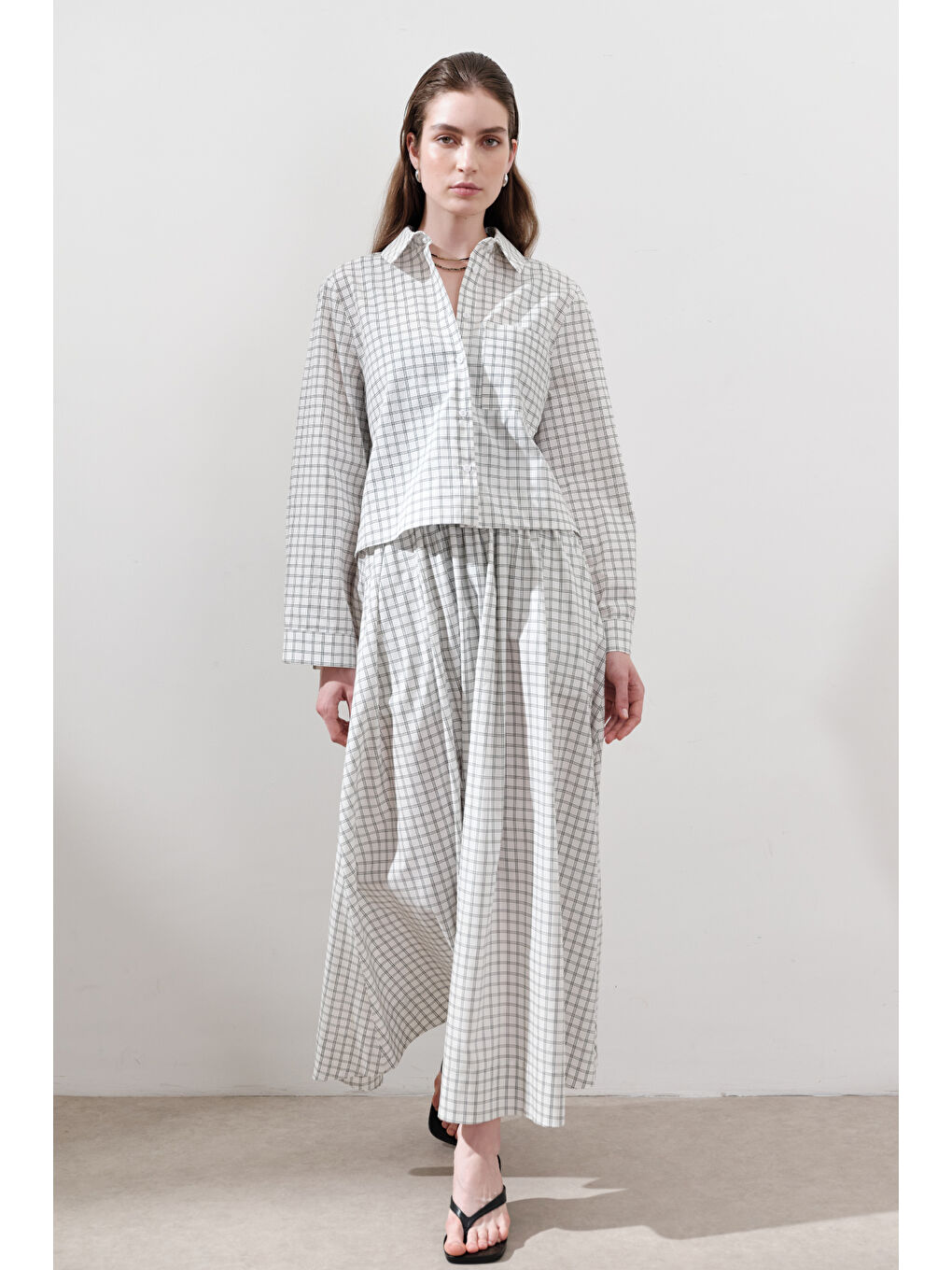 Desenli Poplin Etek Ekru