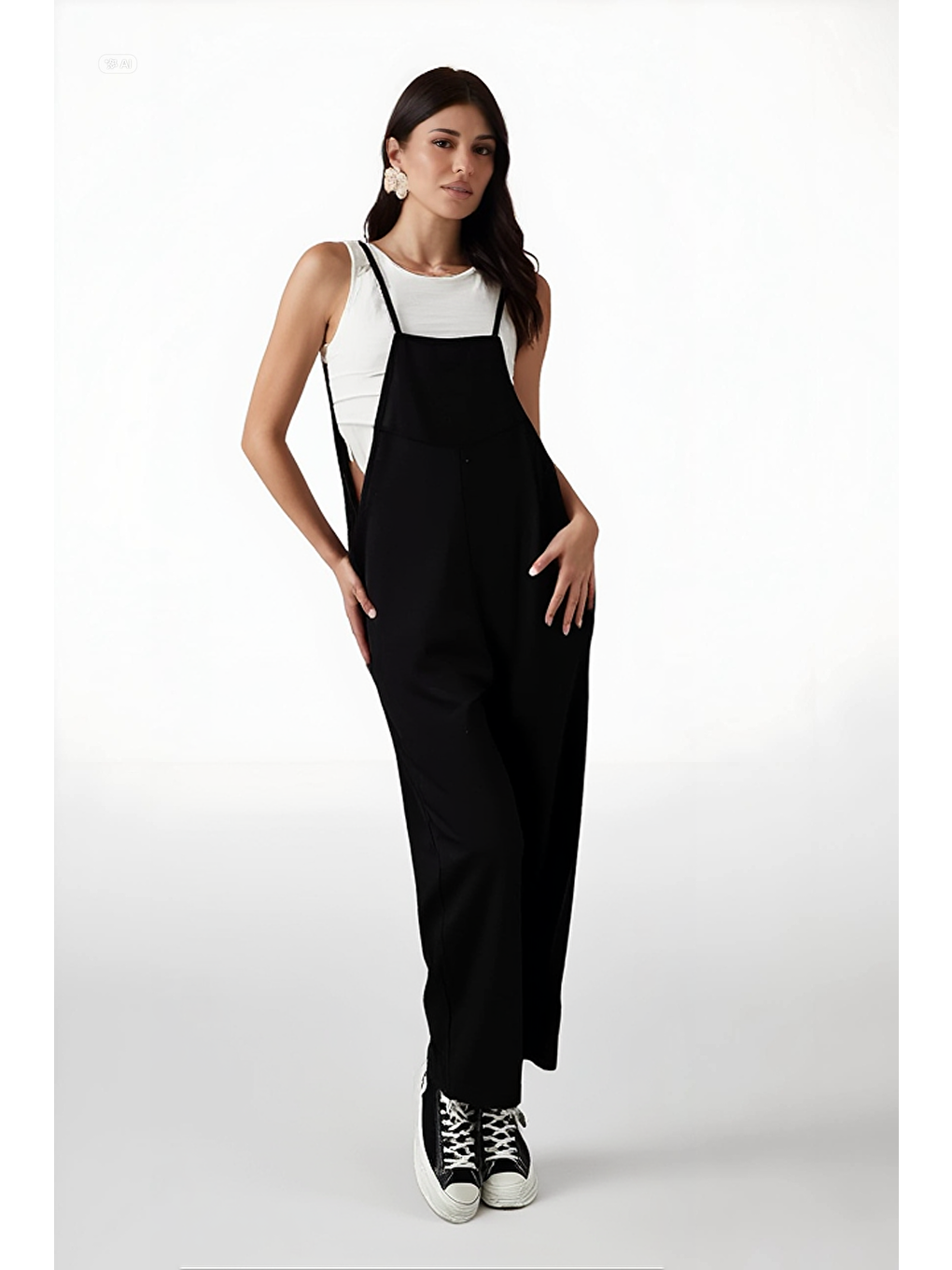 Kadın Siyah Ayarlanabilir Askılı Cepli Bol Paça Bahçıvan Tulum HZL22S-BD170191-1