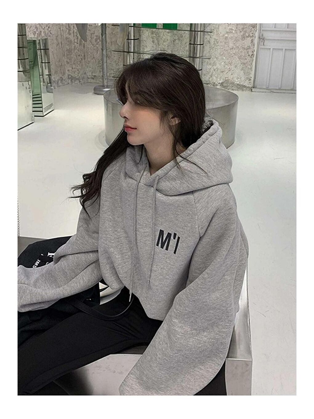 Trendseninle Gri Kadın GRİ Oversize M'ı Baskılı Sweatshirt - 2