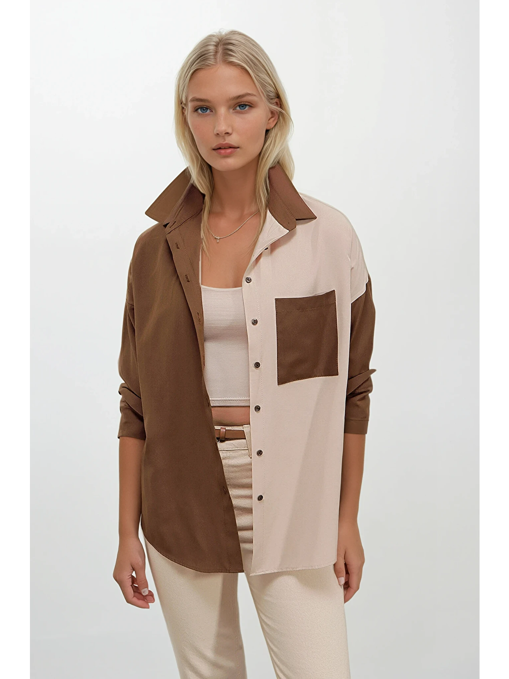 Kadın Kahverengi Krem Renk Bloklu Poplin Basic Gömlek HZL22S-BD1201161-1