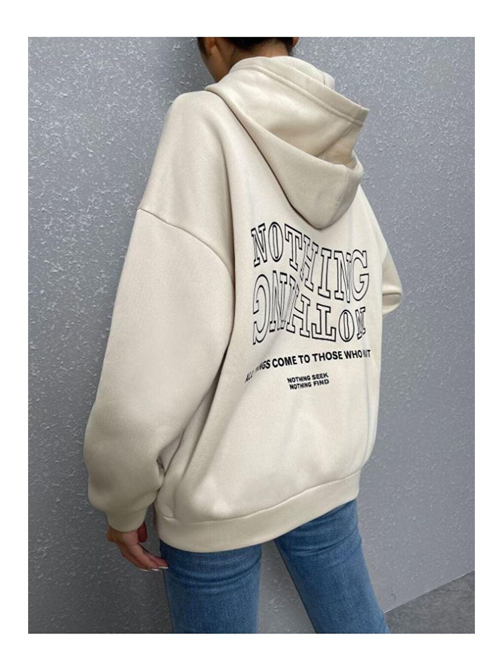 Trendseninle Bej Kadın BEJ Ters Düz Nothing Baskılı Oversize Sweatshirt - 3