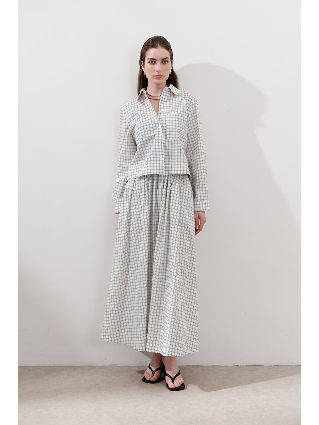 Desenli Poplin Etek Ekru-1