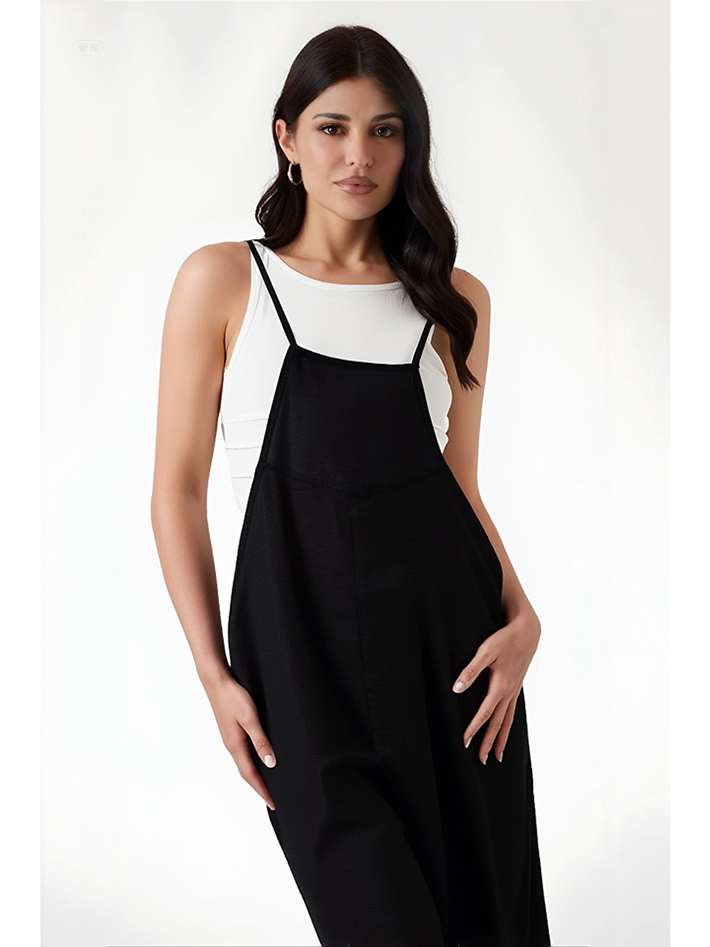 Kadın Siyah Ayarlanabilir Askılı Cepli Bol Paça Bahçıvan Tulum HZL22S-BD170191-2