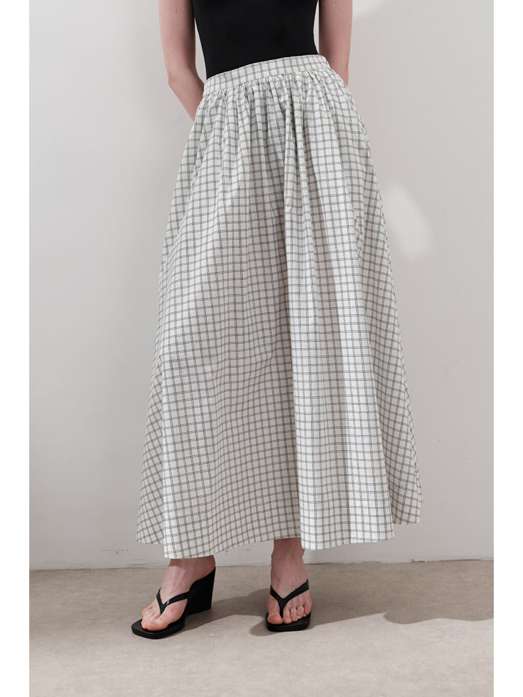 Desenli Poplin Etek Ekru-2