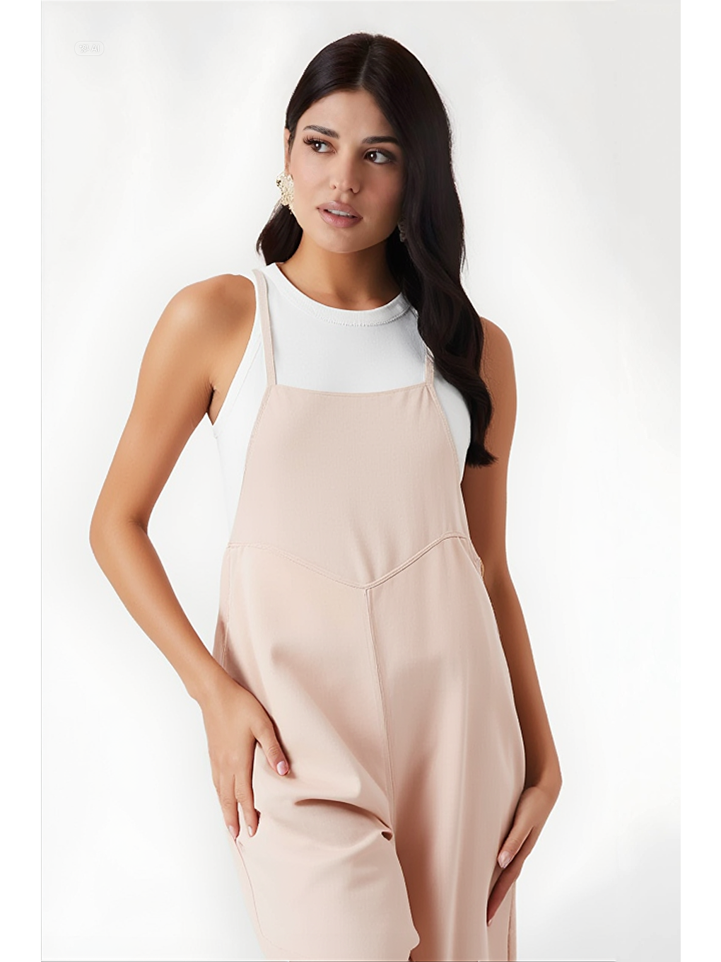 Ekru Kadın Krem Ayarlanabilir Askılı Cepli Bol Paça Bahçıvan Tulum HZL22S-BD170191-3