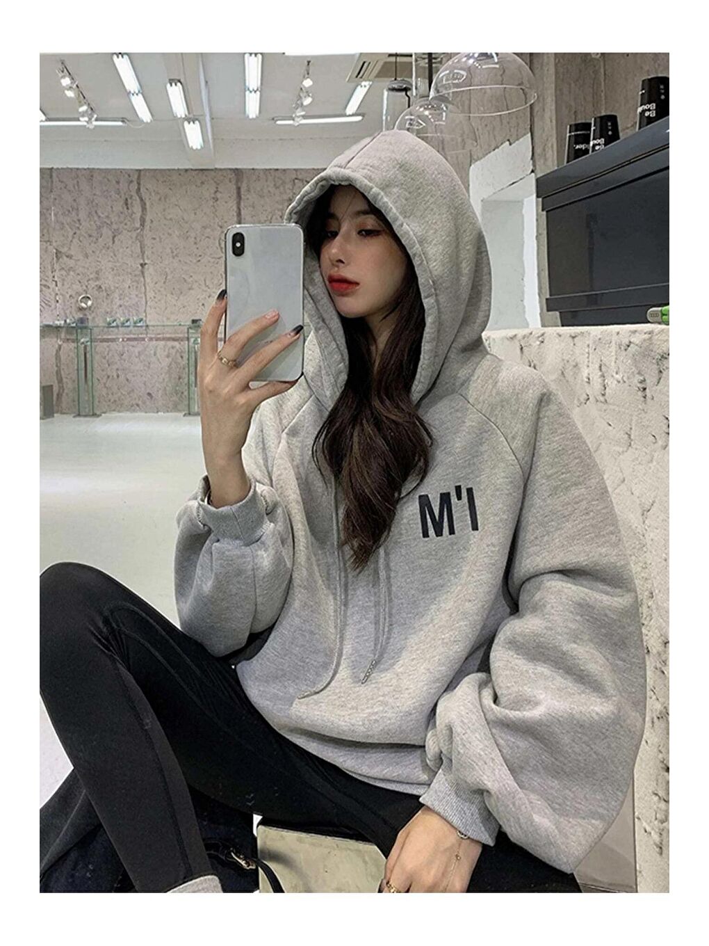 Trendseninle Gri Kadın GRİ Oversize M'ı Baskılı Sweatshirt - 3