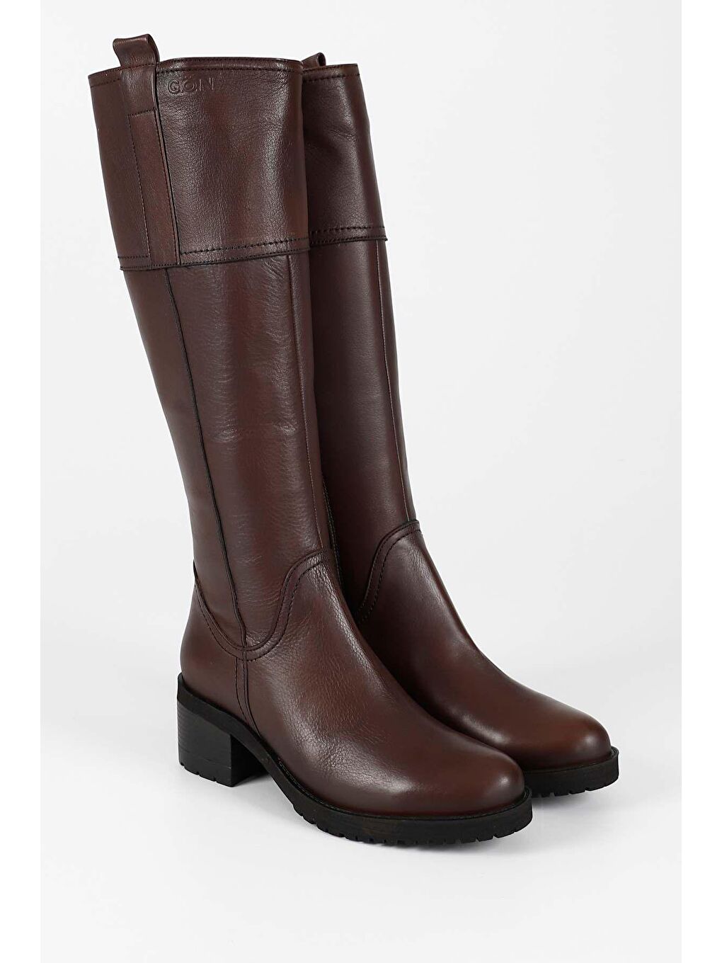 Kahverengi Hakiki Deri Yuvarlak Burun Kauçuk Taban Topuklu Fermuarlı Kadın Günlük Çizme 63591-1