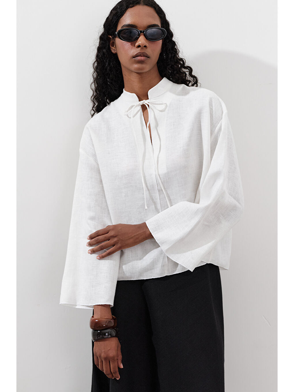 Keten Bağlamalı Bluz Ekru-1