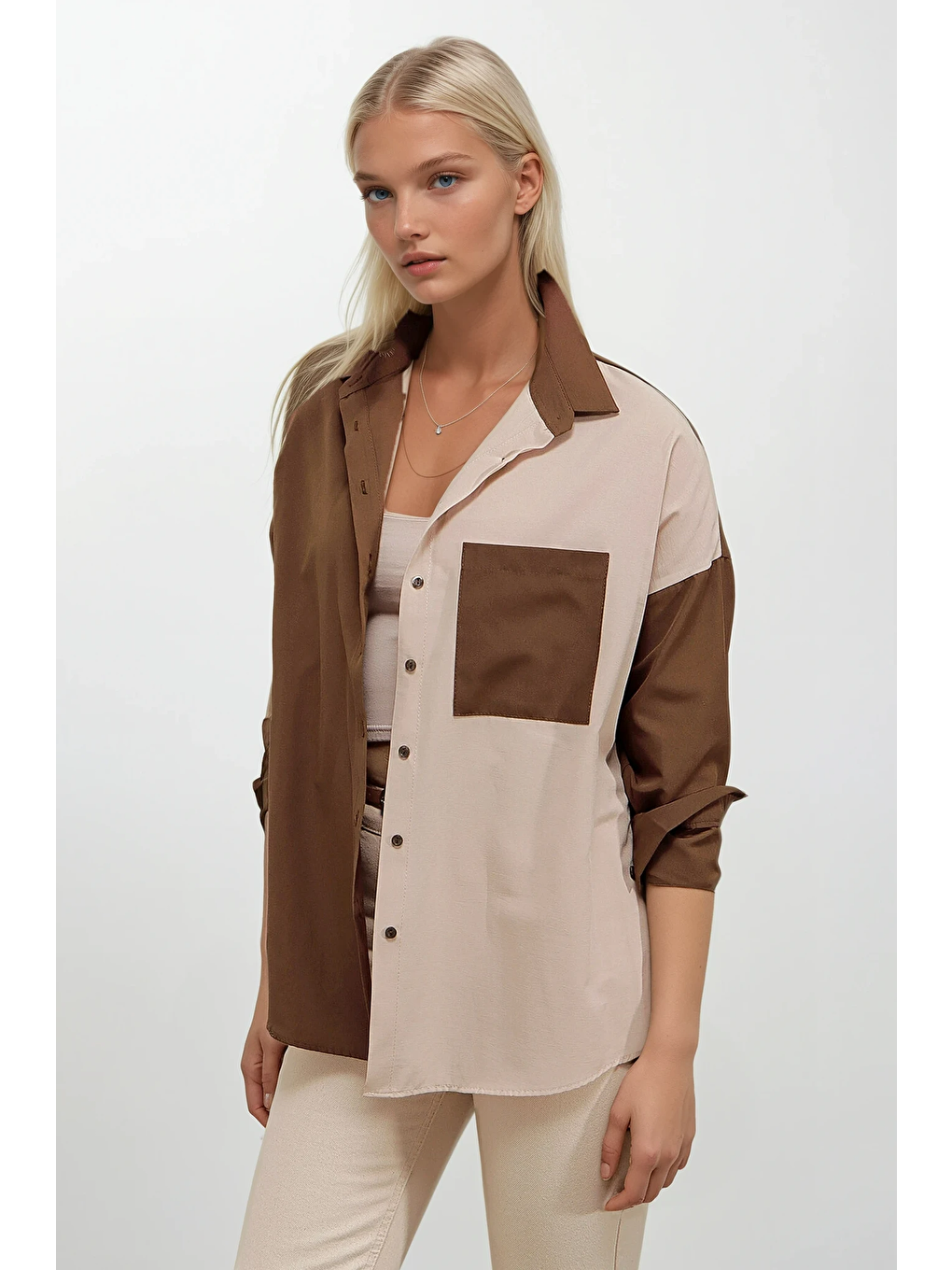 Kadın Kahverengi Krem Renk Bloklu Poplin Basic Gömlek HZL22S-BD1201161-2