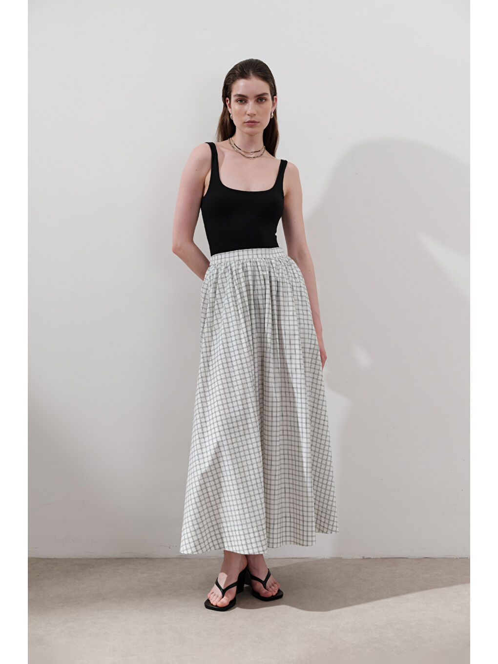 Desenli Poplin Etek Ekru-3