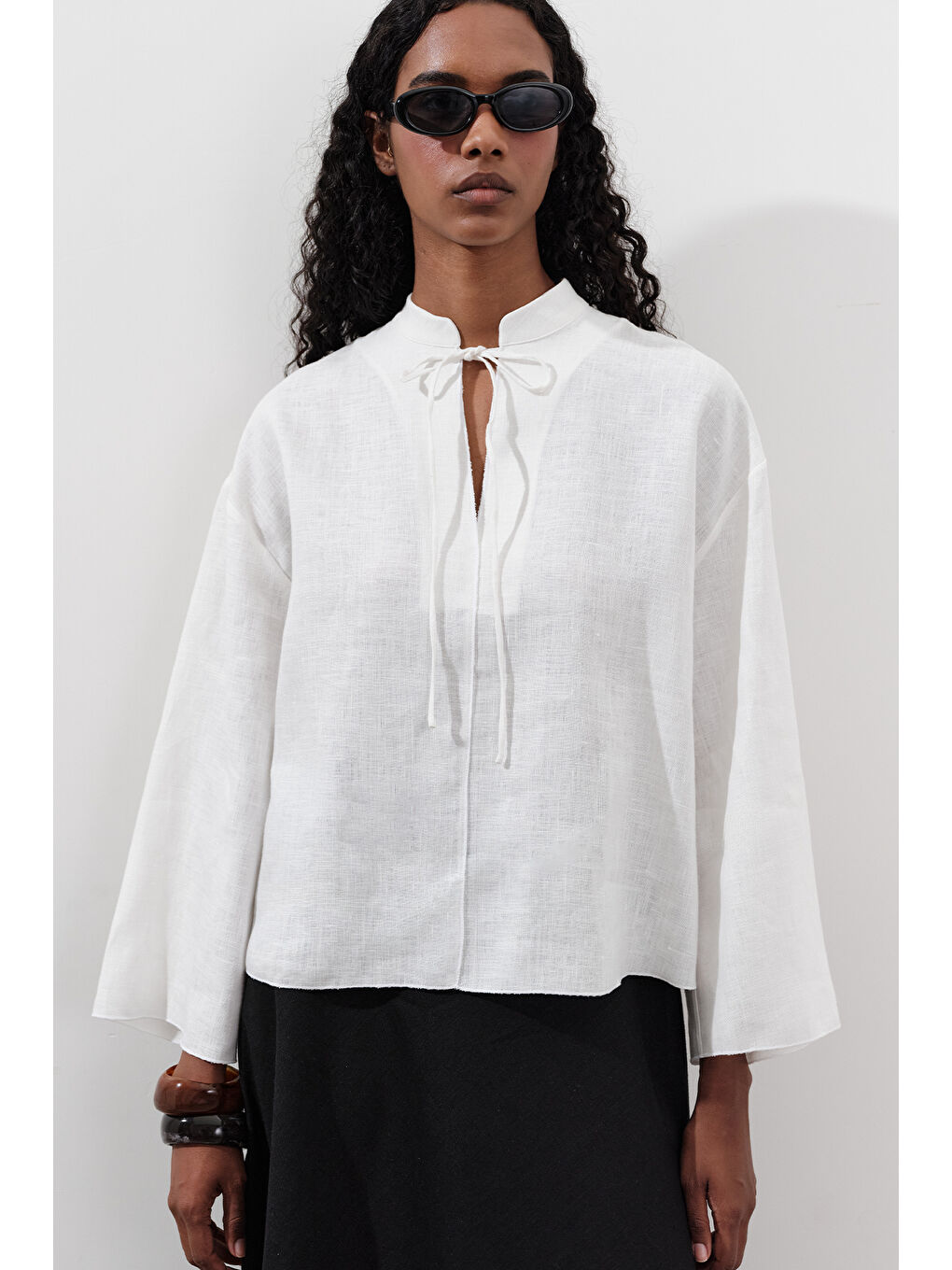 Keten Bağlamalı Bluz Ekru-3