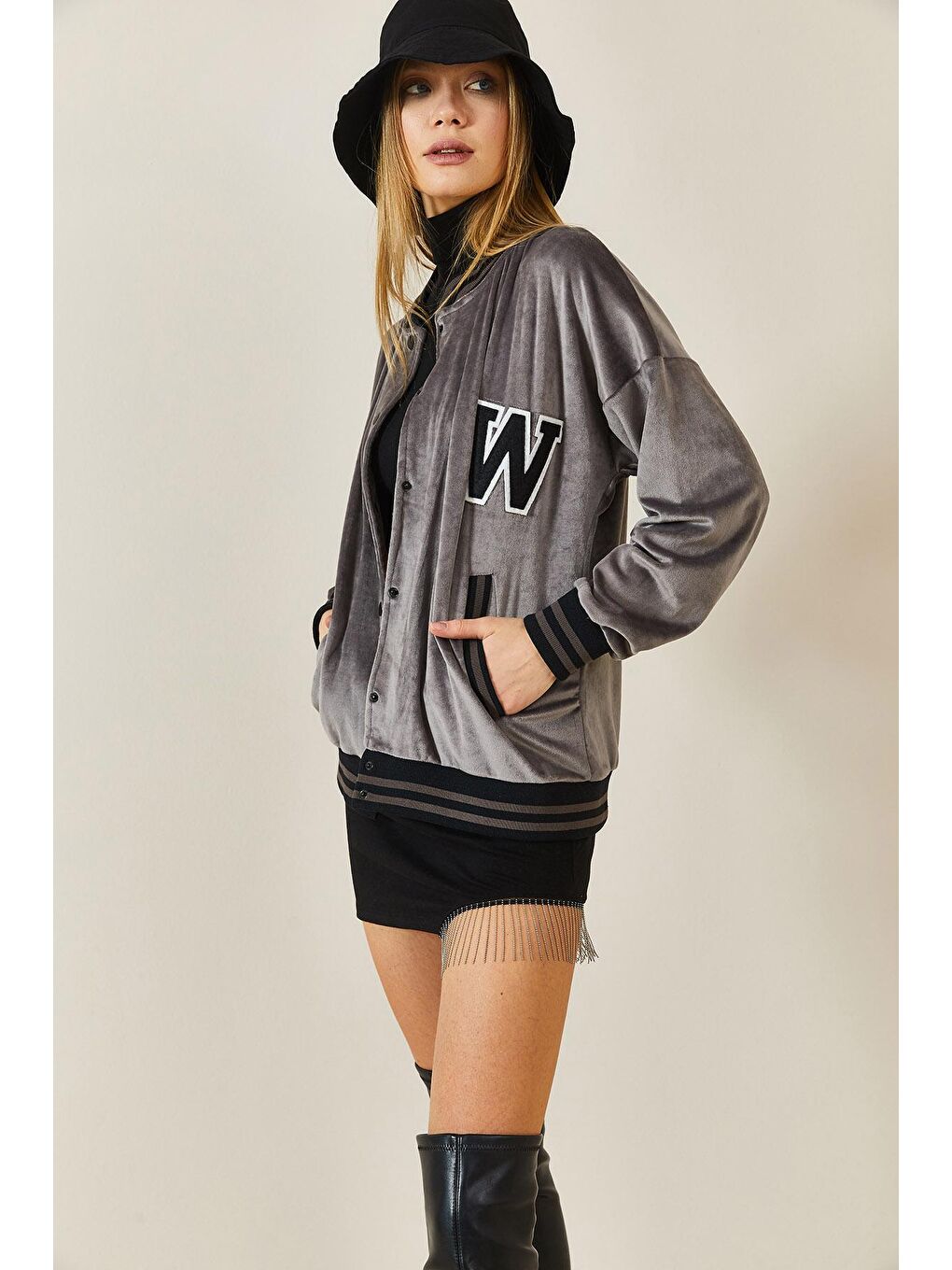 Gri Füme Rengi Şeritli Kadife Bomber Ceket 3KXK4-46853-33