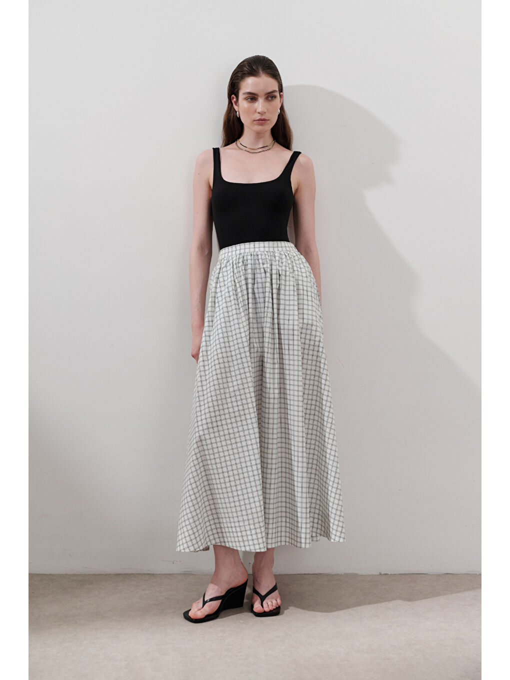 Desenli Poplin Etek Ekru-4