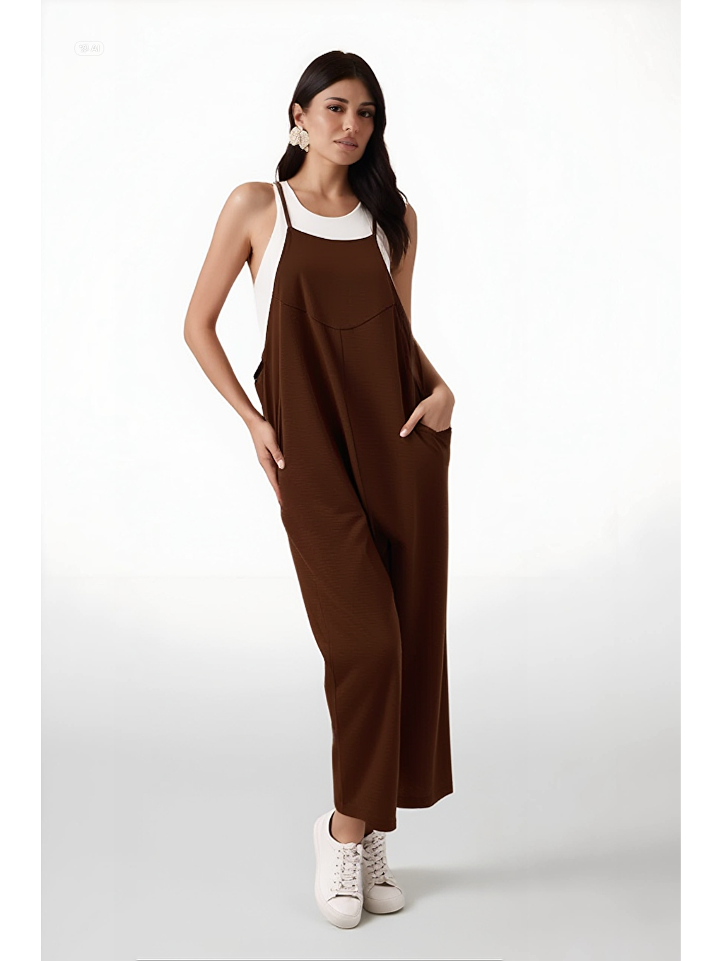 Kahverengi Kadın Çikolata Ayarlanabilir Askılı Cepli Bol Paça Bahçıvan Tulum HZL22S-BD170191