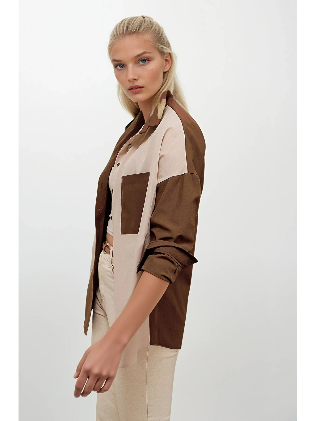Kadın Kahverengi Krem Renk Bloklu Poplin Basic Gömlek HZL22S-BD1201161-3
