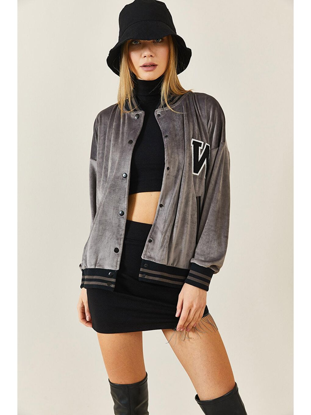 Gri Füme Rengi Şeritli Kadife Bomber Ceket 3KXK4-46853-33-1