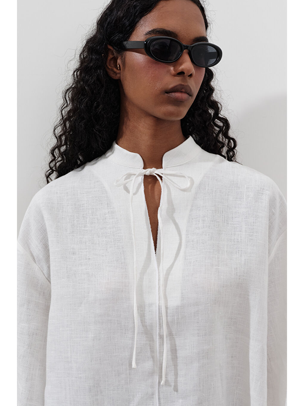 Keten Bağlamalı Bluz Ekru-4