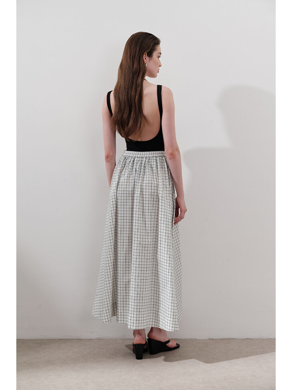 Desenli Poplin Etek Ekru-5