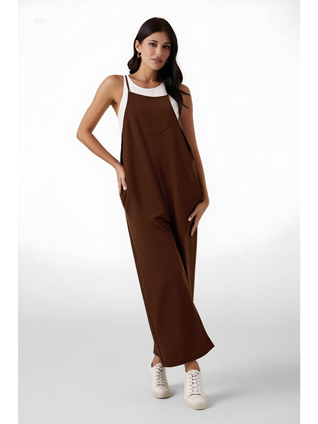 Kahverengi Kadın Çikolata Ayarlanabilir Askılı Cepli Bol Paça Bahçıvan Tulum HZL22S-BD170191-1