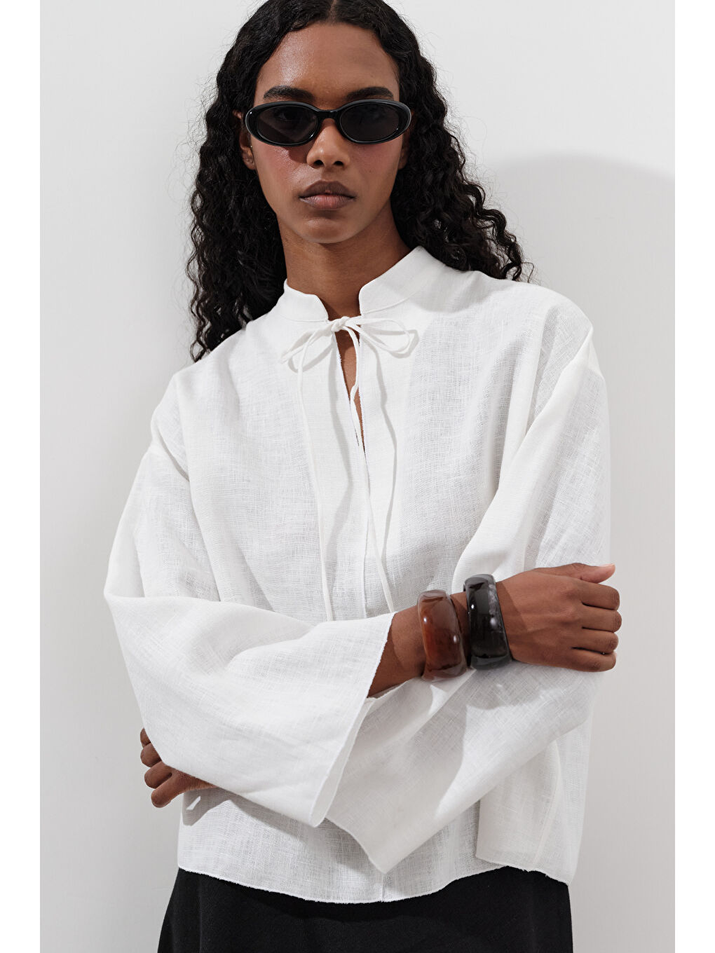 Keten Bağlamalı Bluz Ekru-5