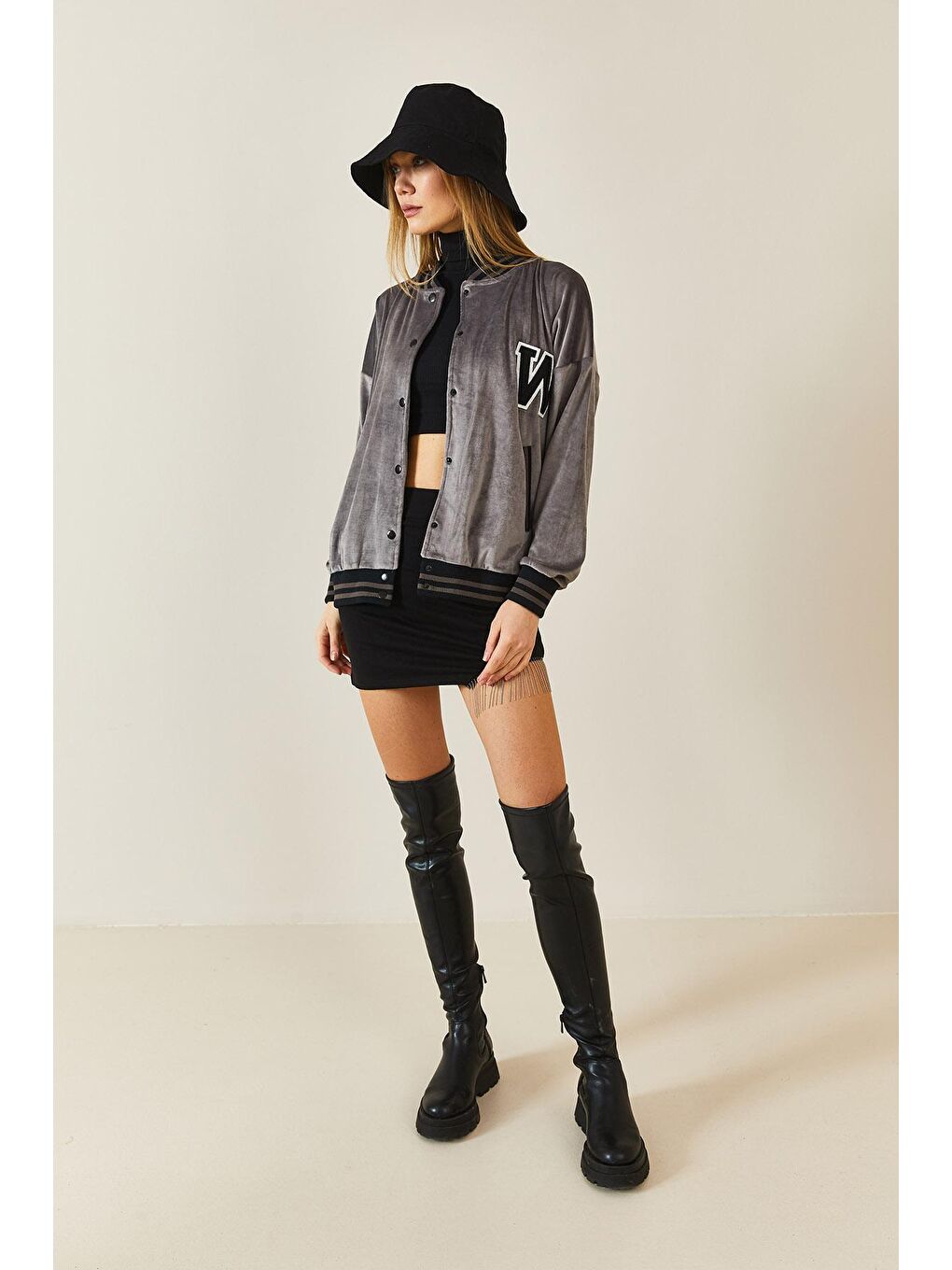 Gri Füme Rengi Şeritli Kadife Bomber Ceket 3KXK4-46853-33-3