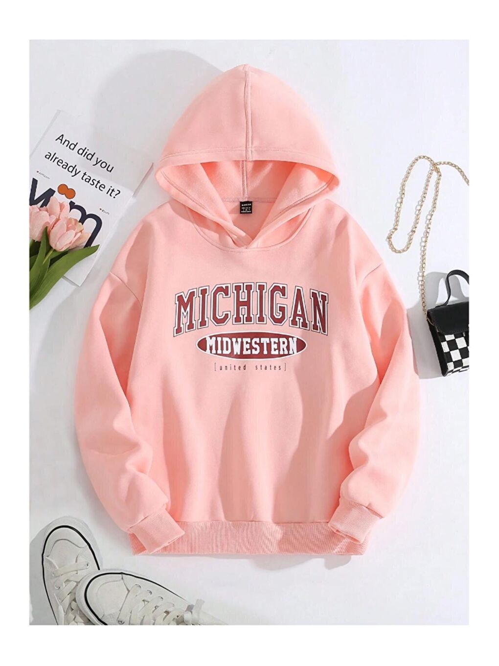 Trendseninle Pembe Kadın PEMBE Michigan United State Baskılı Kapüşonlu Sweatshirt