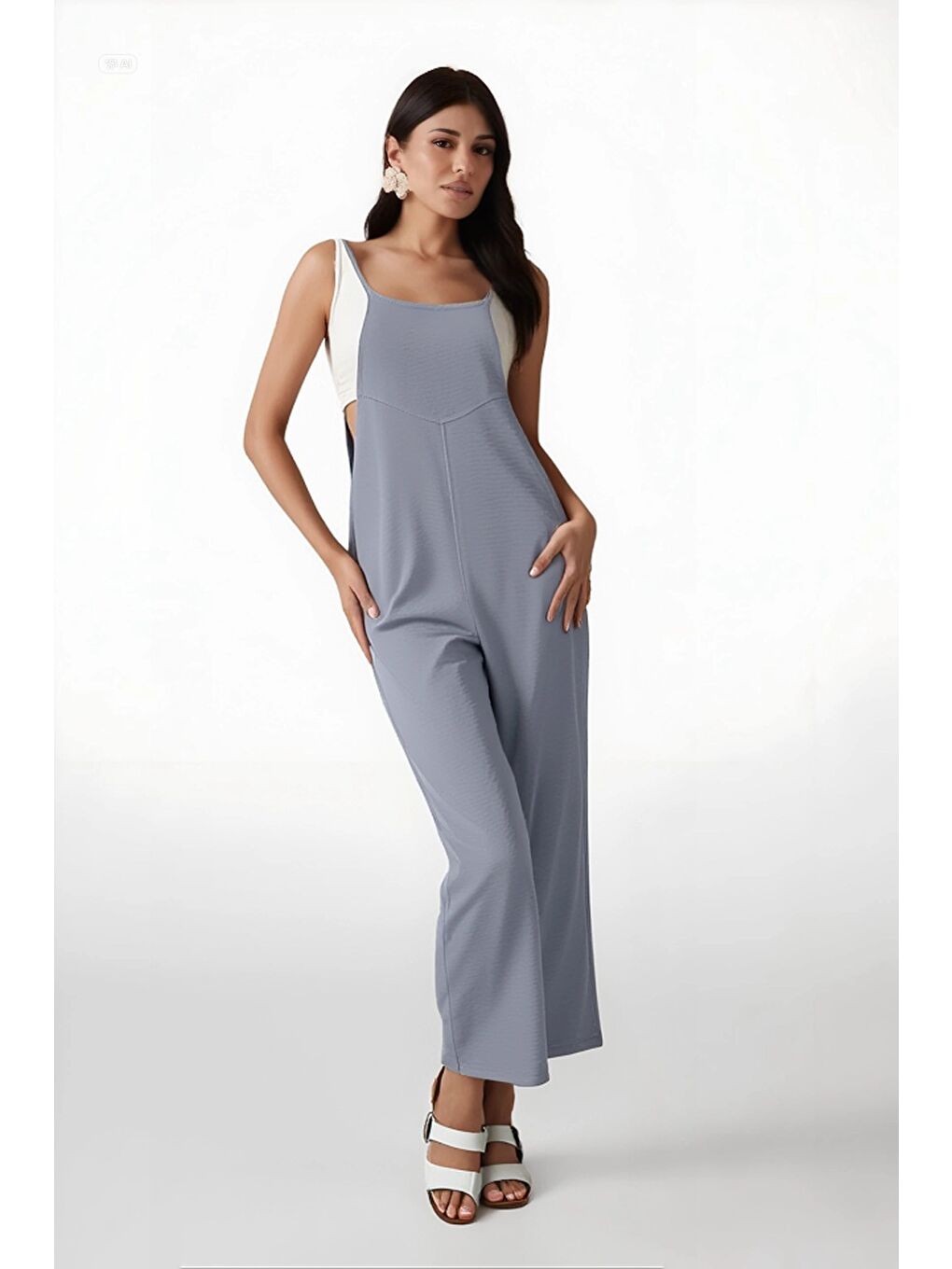 Kadın Gri Ayarlanabilir Askılı Cepli Bol Paça Bahçıvan Tulum HZL22S-BD170191-1