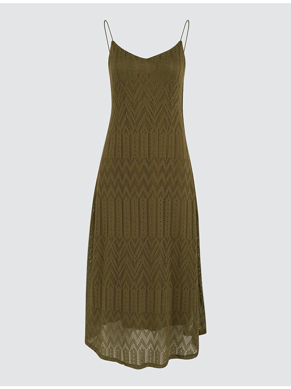 Haki Düz Kesim Askılı V Yaka Örme Elbise-5