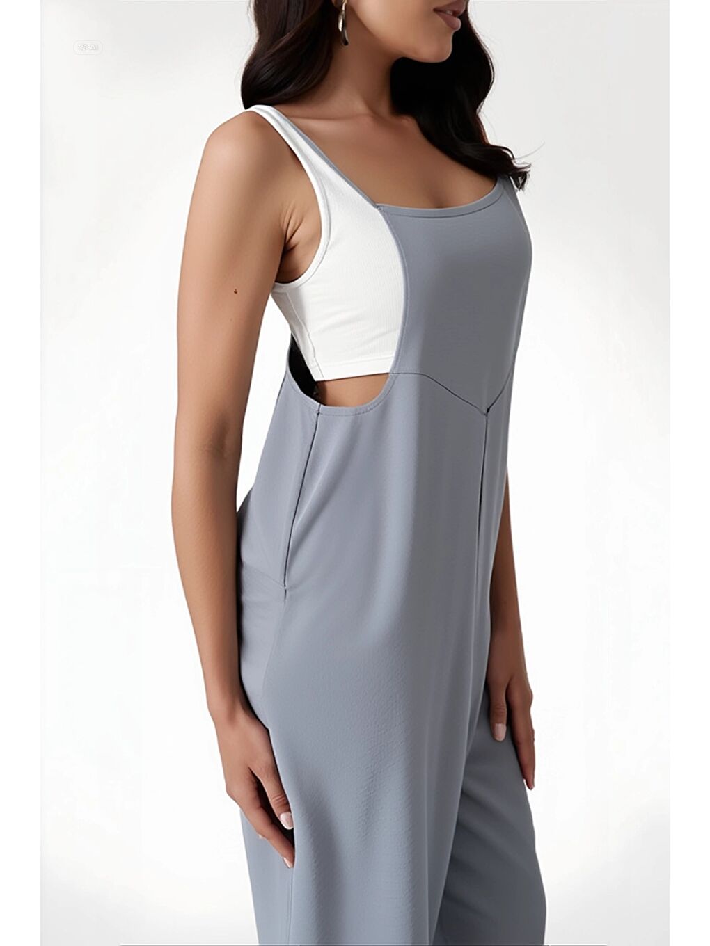 Kadın Gri Ayarlanabilir Askılı Cepli Bol Paça Bahçıvan Tulum HZL22S-BD170191-2