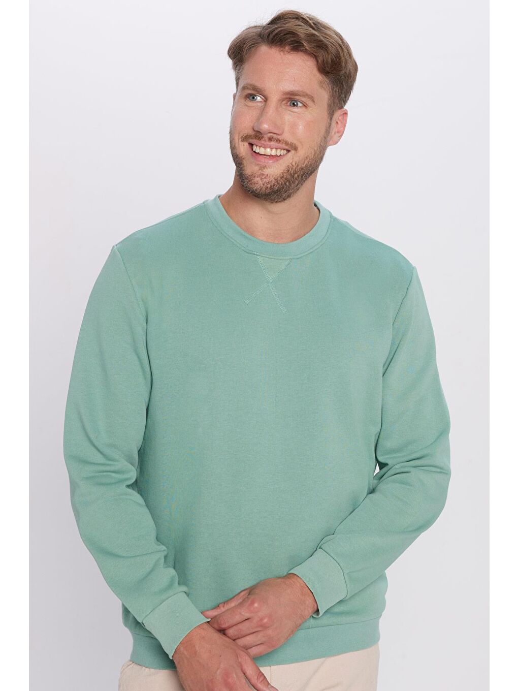 Unisex Oversize Geniş Kesim Pamuklu Basic Yeşil Bisiklet Yaka Sweatshirt