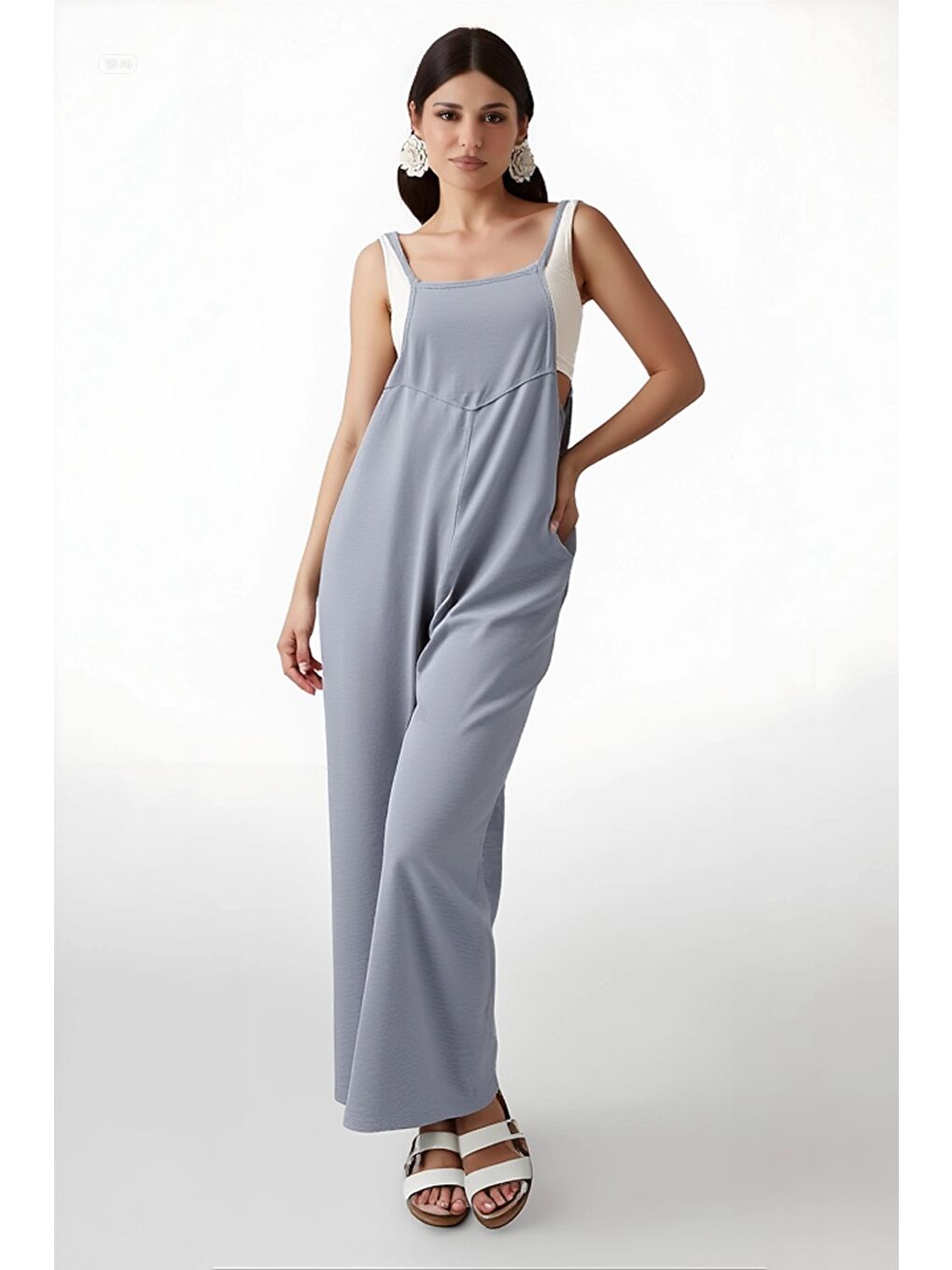 Kadın Gri Ayarlanabilir Askılı Cepli Bol Paça Bahçıvan Tulum HZL22S-BD170191-3