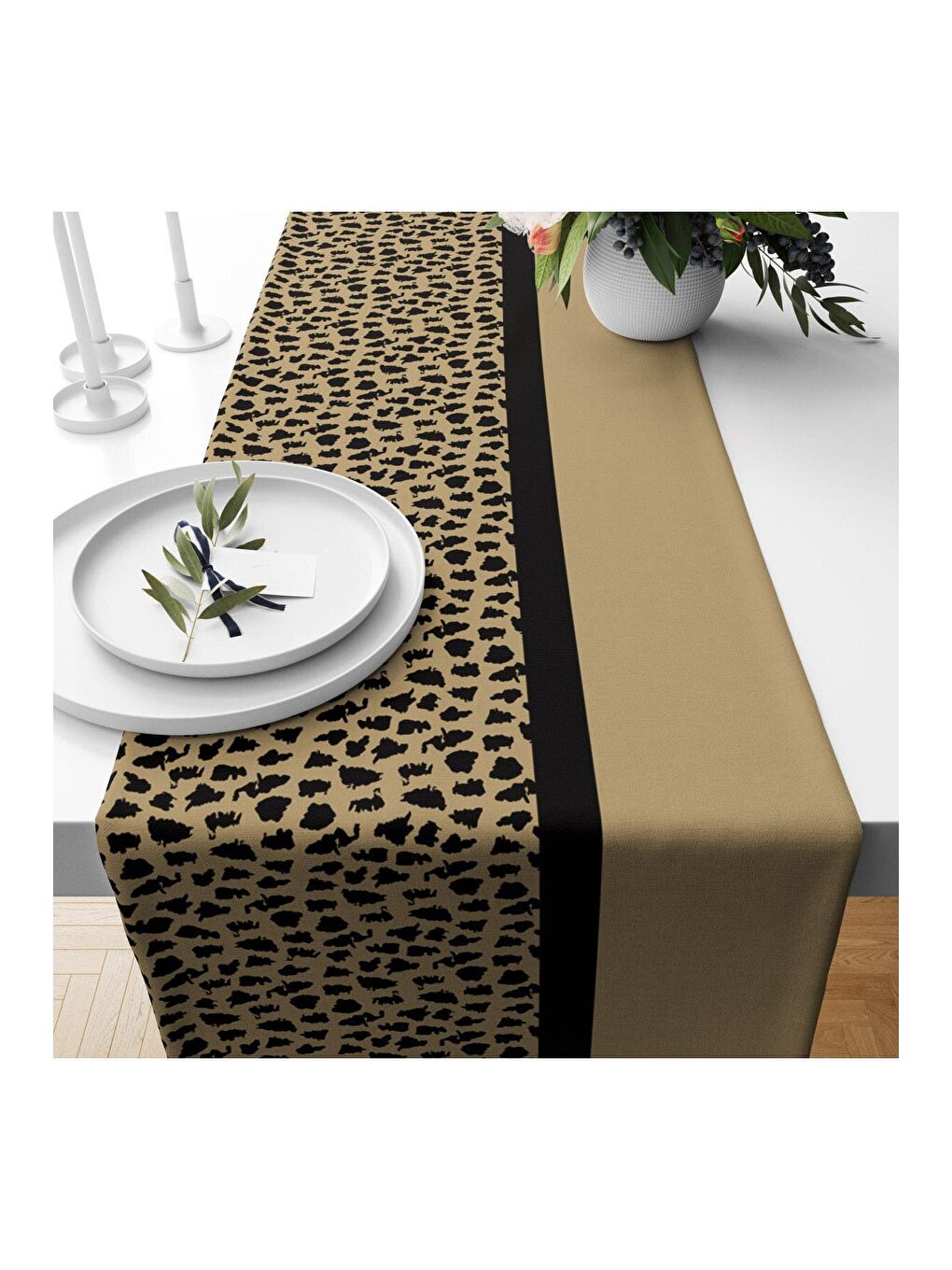 EVMİLA Karışık Leopar Desen Kadife Runner 40x140 cm