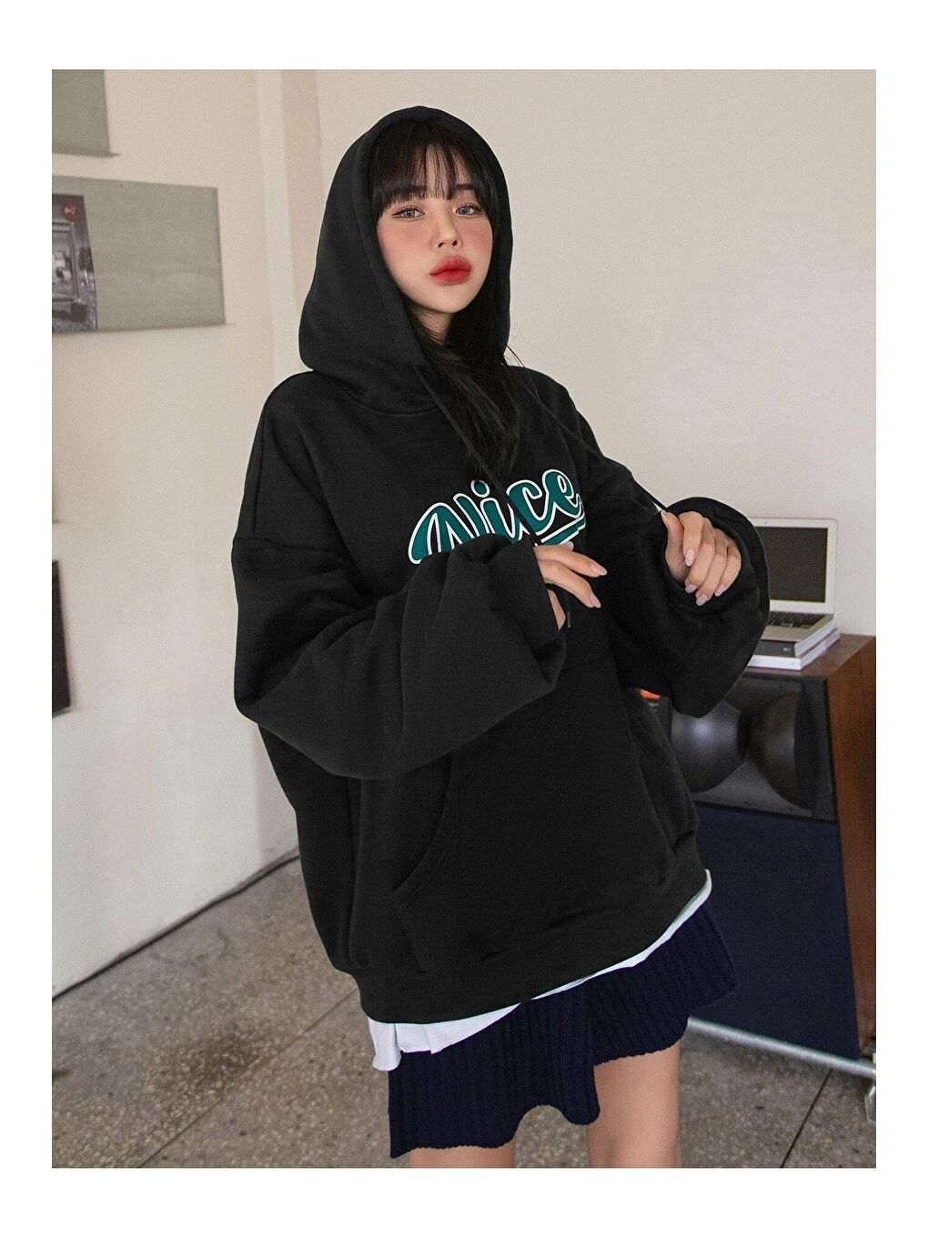 Trendseninle Siyah Kadın SİYAH Oversize Nice Baskılı Sweatshirt - 4